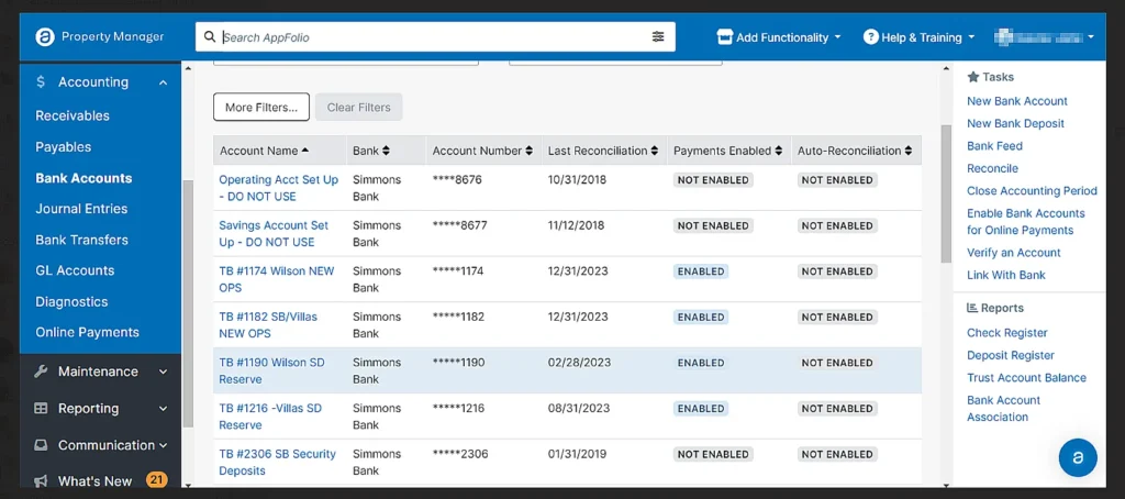 AppFolio Property Manager dashboard showing the Bank Accounts section with a list of accounts, reconciliation dates, payment statuses, and auto-reconciliation options. Sidebar menu includes Accounting, Maintenance, Reporting, and Communication.